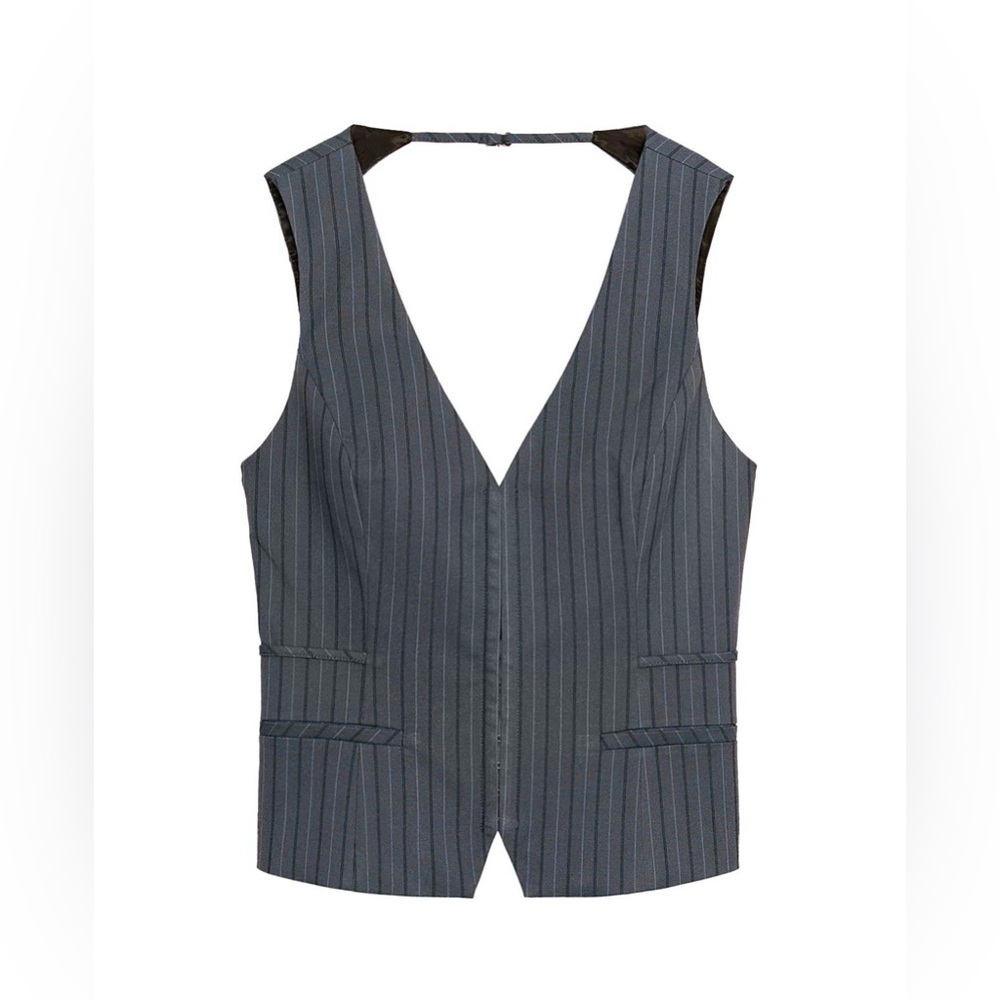 NWT Zara Pinstripe Grey Blue Vest with hook front and straps back Large